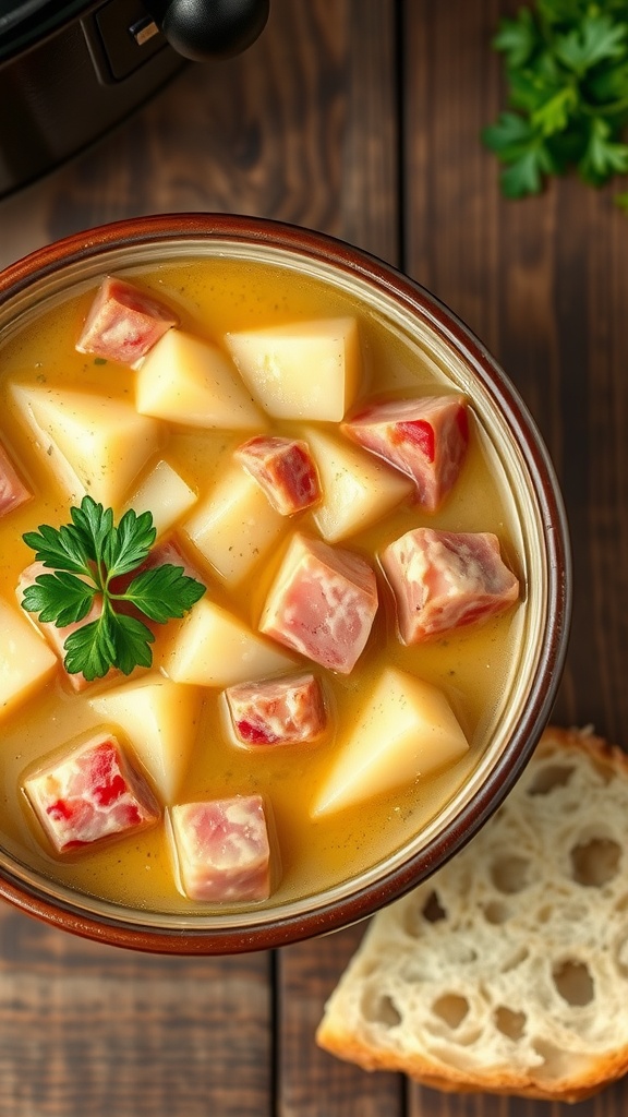 A bowl of creamy potato and ham soup with parsley garnish, alongside crusty bread on a wooden table.